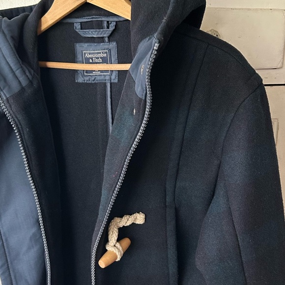 Abercrombie & Fitch | Women’s navy/green plaid wool hooded zip duffel coat sz XS - Picture 7 of 16